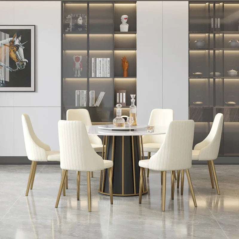 Table à manger ronde en pierre frittée blanche de 53 po avec plateau tournant