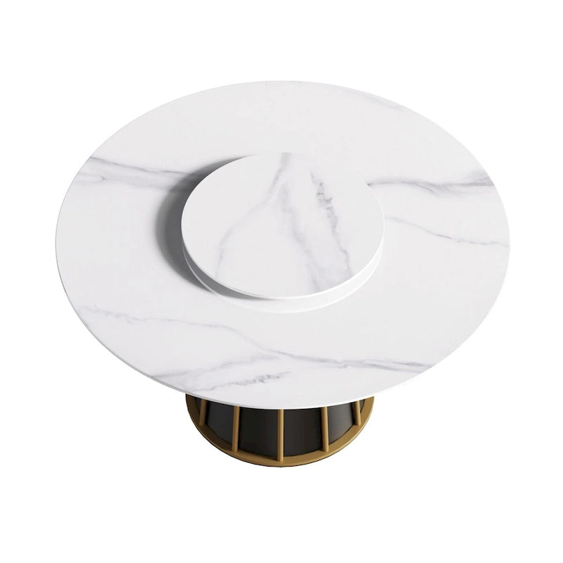 Table à manger ronde en pierre frittée blanche de 53 po avec plateau tournant