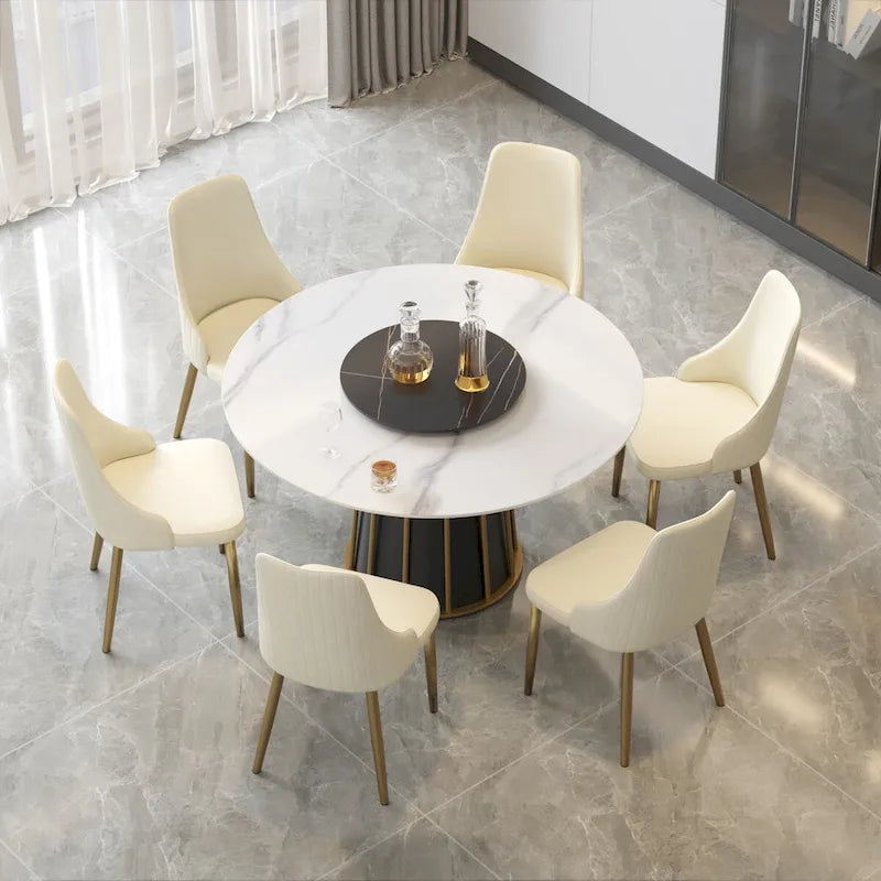 Table à manger ronde en pierre frittée blanche de 53 po avec plateau tournant