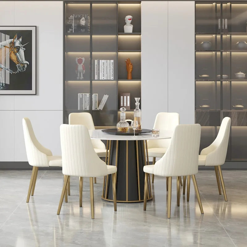 Table à manger ronde en pierre frittée blanche de 53 po avec plateau tournant