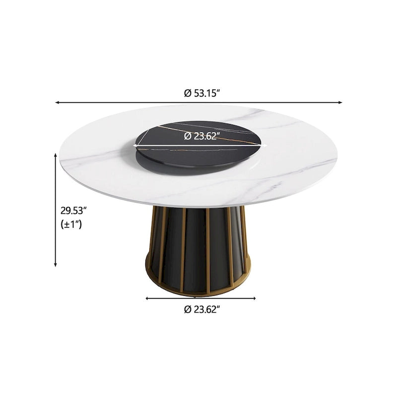 Table à manger ronde en pierre frittée blanche de 53 po avec plateau tournant