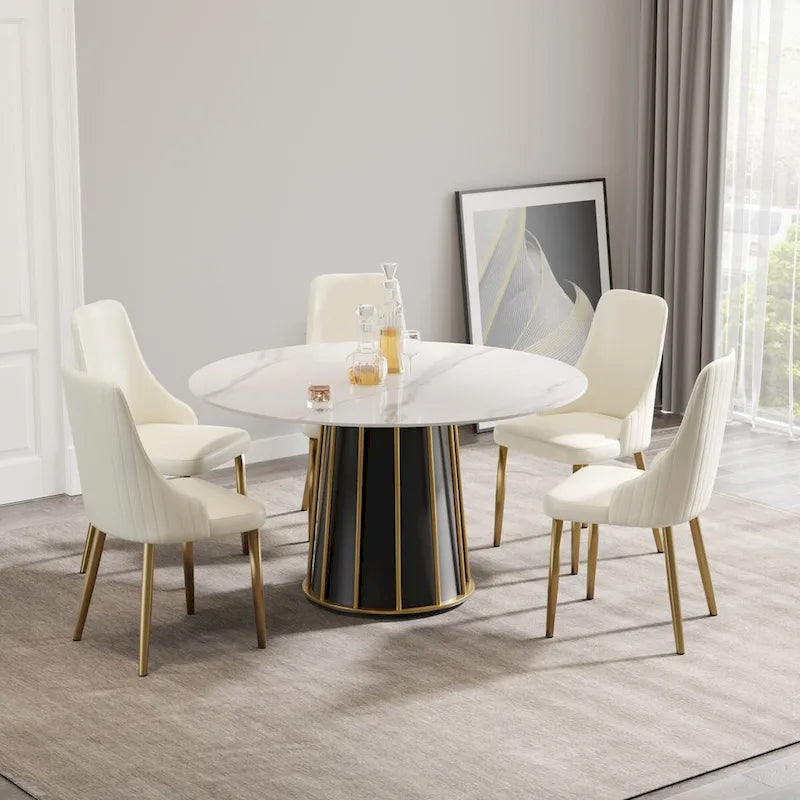 Table à manger ronde en pierre frittée blanche de 53 po avec plateau tournant
