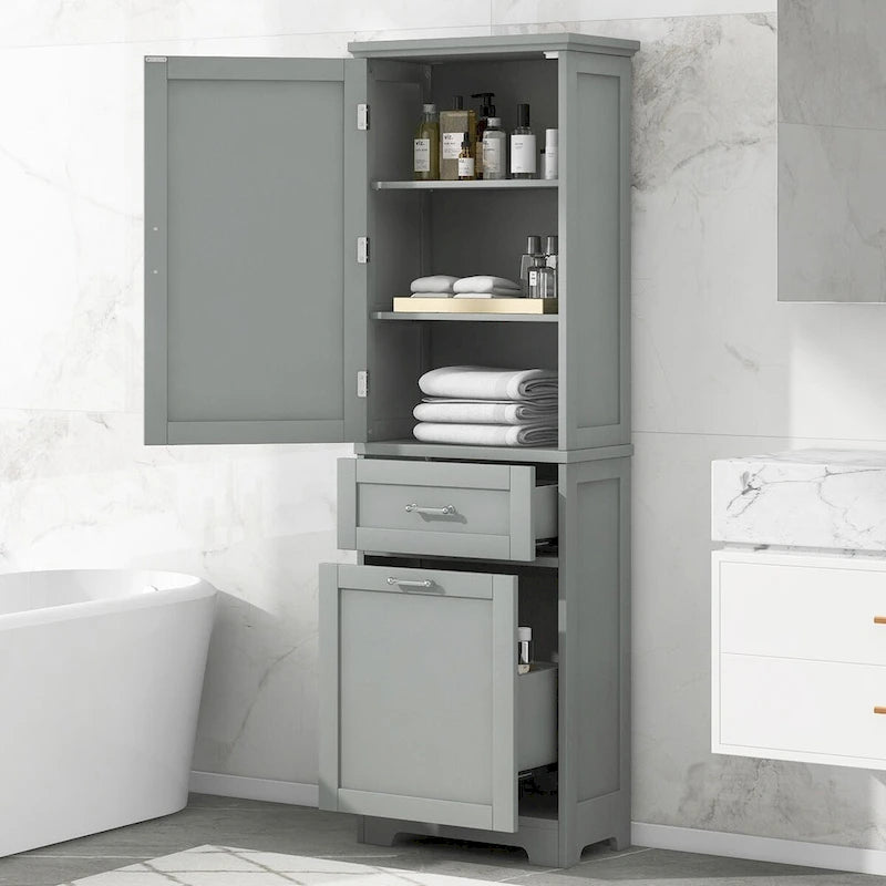 20 in. W x 13 in. D x 68.1 in. H Linen Cabinet with 2-Different Size Drawers and Adjustable Shelf