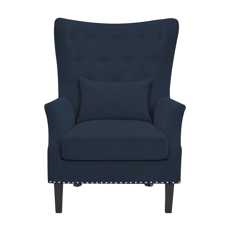 Fauteuil à oreilles en velours côtelé et clous tapissiers classiques