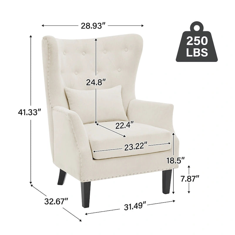 Fauteuil à oreilles en velours côtelé et clous tapissiers classiques