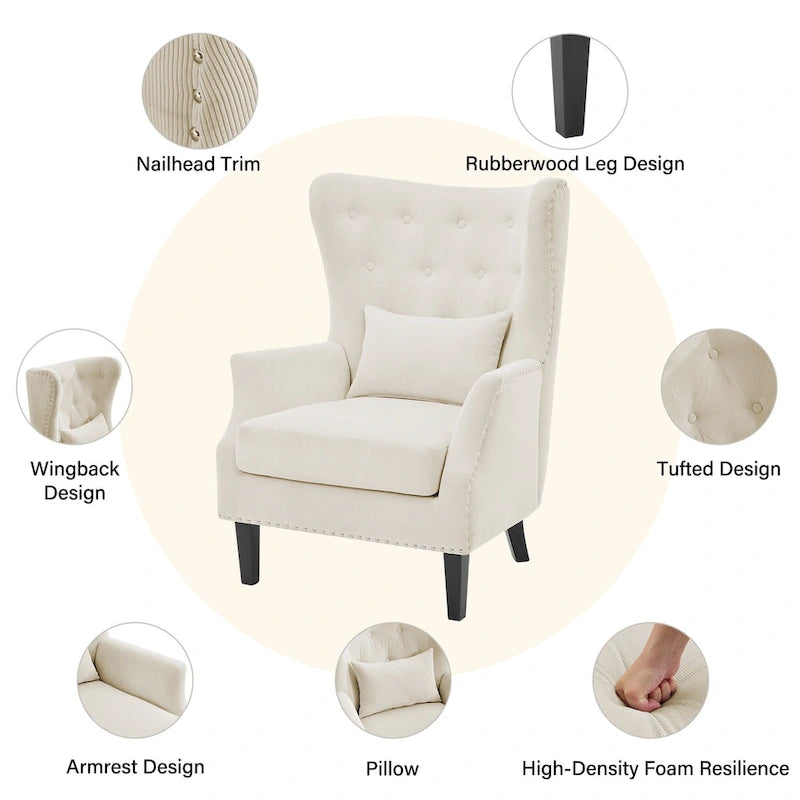 Fauteuil à oreilles en velours côtelé et clous tapissiers classiques