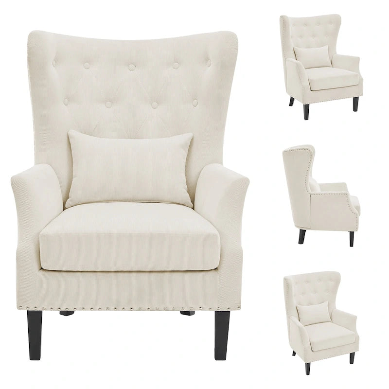 Fauteuil à oreilles en velours côtelé et clous tapissiers classiques