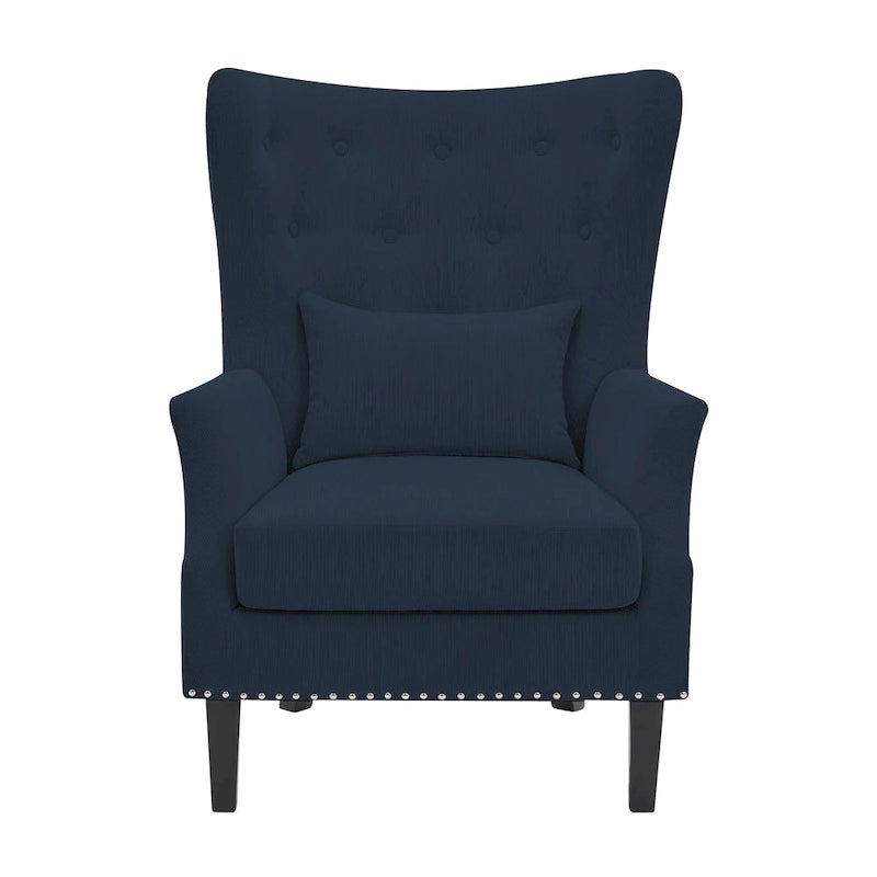 Fauteuil à oreilles en velours côtelé et clous tapissiers classiques