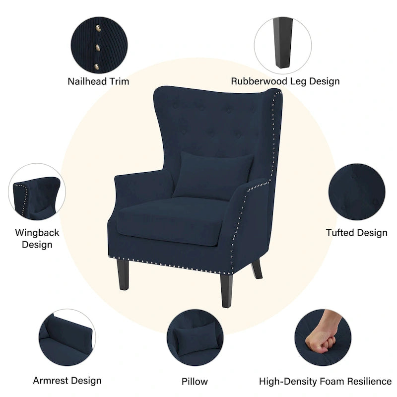 Fauteuil à oreilles en velours côtelé et clous tapissiers classiques