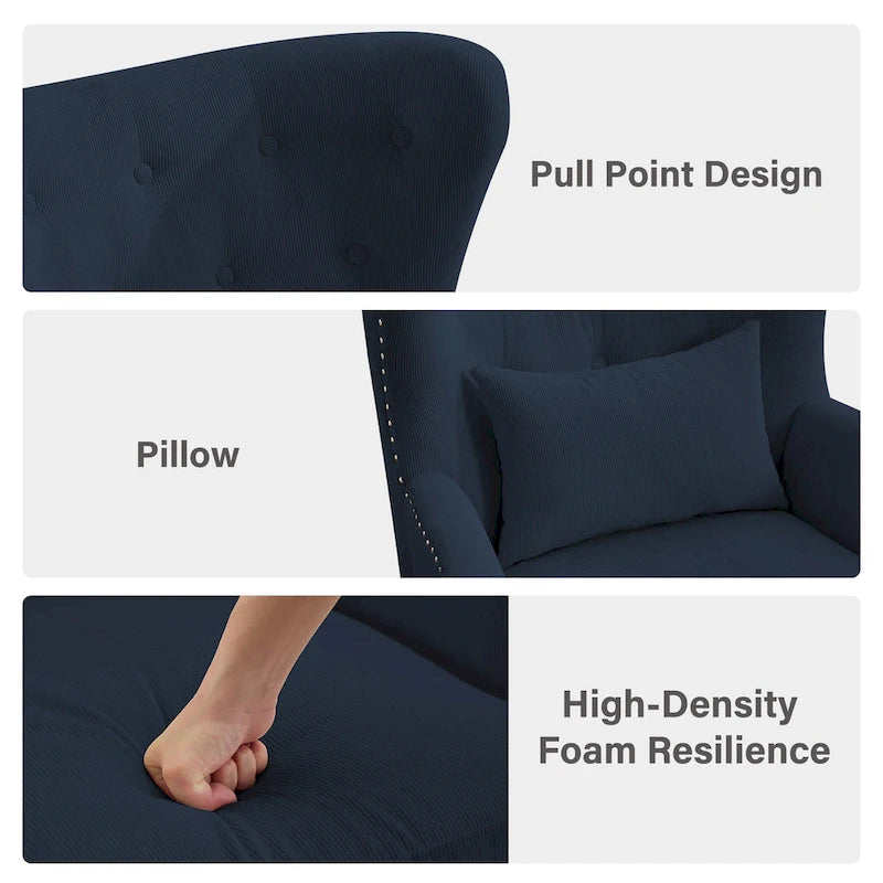Fauteuil à oreilles en velours côtelé et clous tapissiers classiques