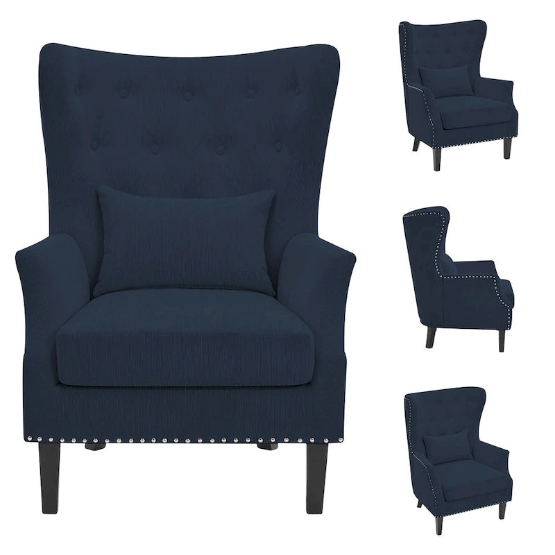 Fauteuil à oreilles en velours côtelé et clous tapissiers classiques