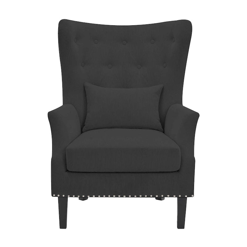 Fauteuil à oreilles en velours côtelé et clous tapissiers classiques