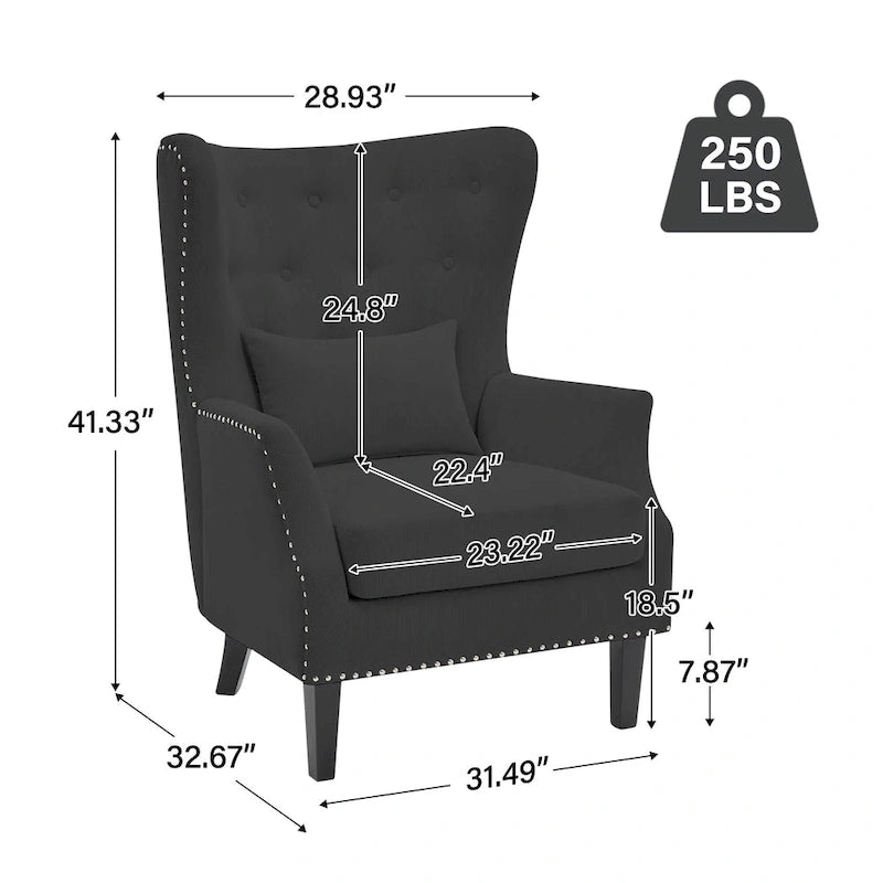 Fauteuil à oreilles en velours côtelé et clous tapissiers classiques