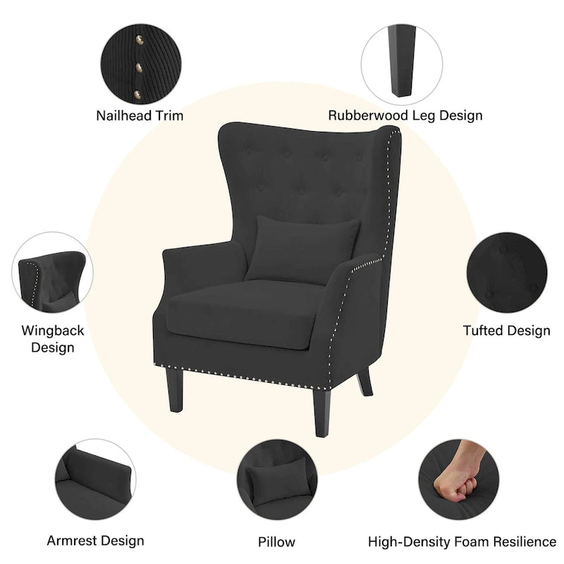 Fauteuil à oreilles en velours côtelé et clous tapissiers classiques