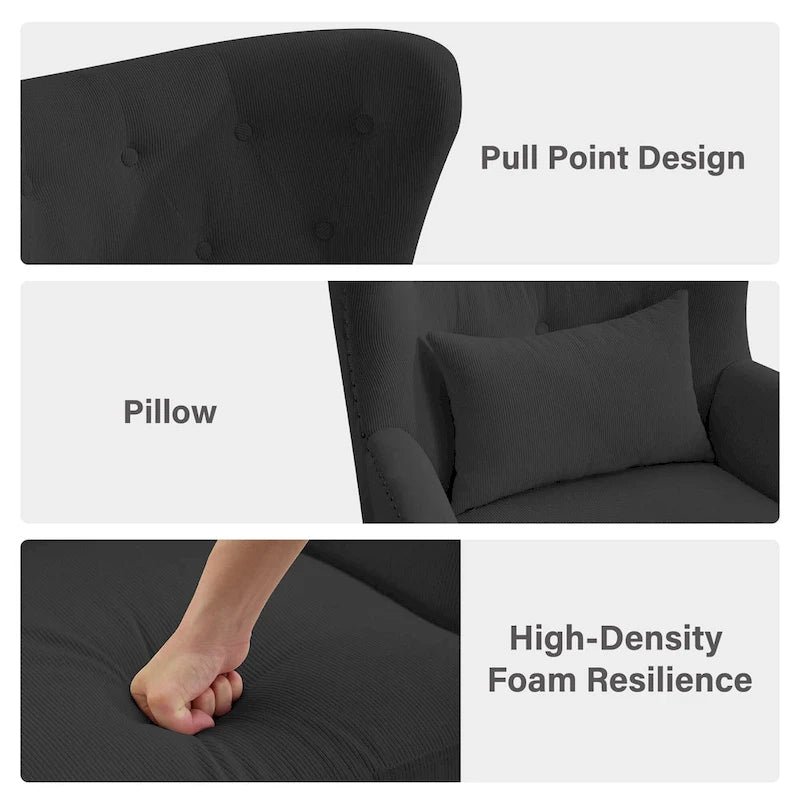 Fauteuil à oreilles en velours côtelé et clous tapissiers classiques