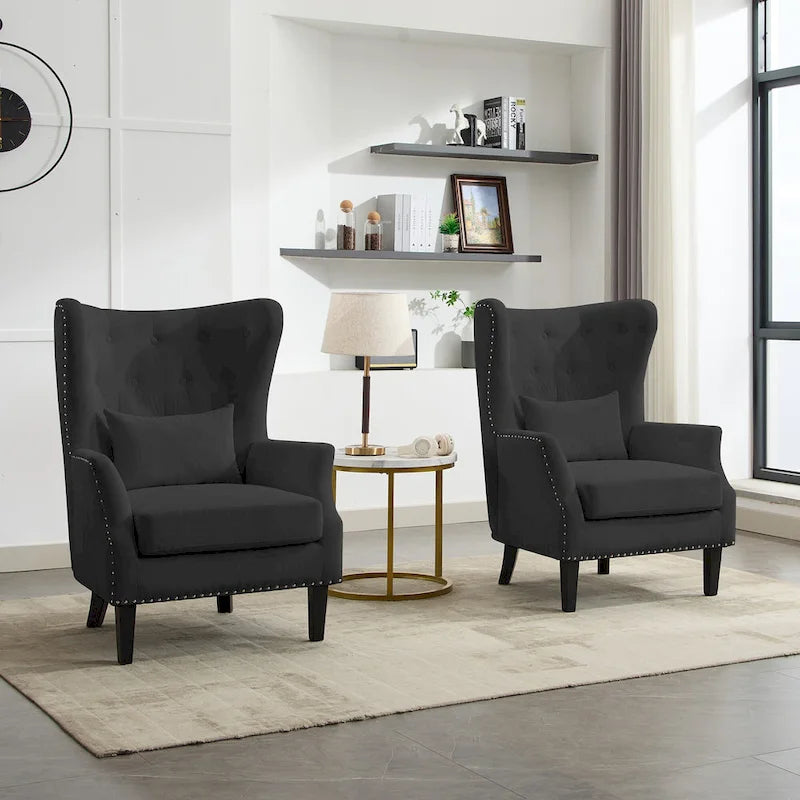 Fauteuil à oreilles en velours côtelé et clous tapissiers classiques