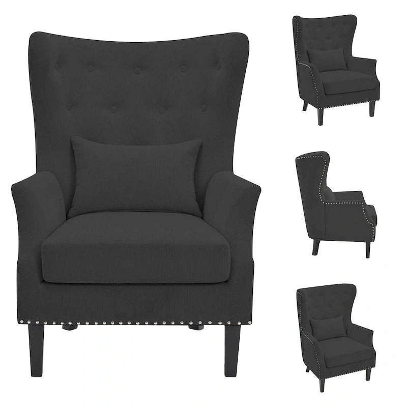 Fauteuil à oreilles en velours côtelé et clous tapissiers classiques