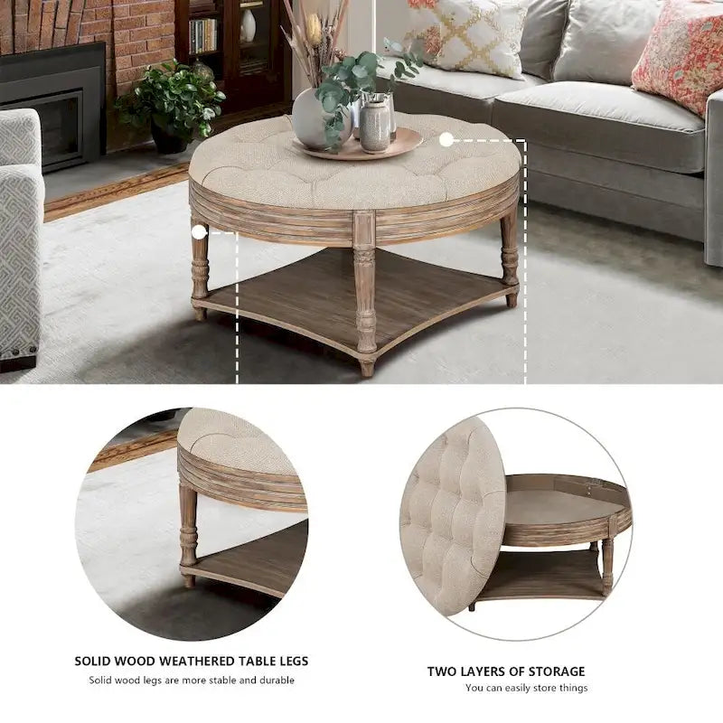 Table basse ronde ottomane à 2 niveaux capitonnée